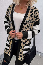 Black Stripe Sleeve Leopard Print Open Front Cardigan With Pockets - £32.38 GBP