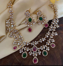 Indian Bollywood Style Gold Plated Choker CZ Necklace Ruby Emerald Jewelry Set - £68.33 GBP