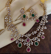 Indian Bollywood Style Gold Plated Choker CZ Necklace Ruby Emerald Jewelry Set - £68.32 GBP