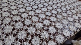Vintage Handmade Crochet Ecru color Lace Tablecloth 63&quot; x 70&quot; Flower net - £173.69 GBP