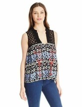 Hazel Sleeveless Printed Woven V-Neck Boho Top Lace Yoke, Blue, Small - £14.92 GBP