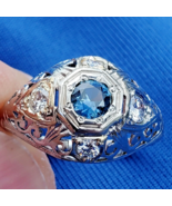 Earth mined Sapphire Diamond Deco Engagement Ring Vintage Solitaire 14k ... - $5,751.51 CAD
