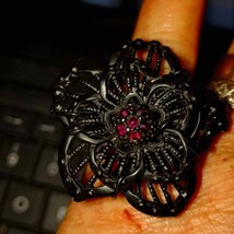 Adorable~2 inch black wire flower~ size 6 Ring with purple rhinestones - £18.86 GBP