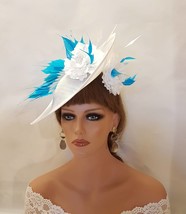 Large WHITE and Turquoise blue Feather HAT FASCINATOR  Mother of bride hat Weddi - £61.32 GBP