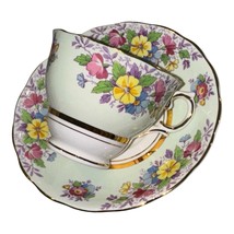Vintage Colclough Footed Tea Cup &amp; Saucer Set Pastel Green Floral Band Gold - $34.62