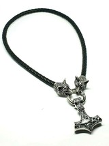 Torque Thors Hammer Pendant Wolves Leather Necklace Heavy Fenrir Wolf Serpent - £13.80 GBP