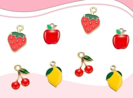 Fruit Charms Gold Enamel Food Pendants Apple Cherry Lemon Strawberry Jewelry 4pc - £3.55 GBP