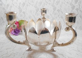 Vintage Candle Holder Lotus Flower Bowl Silverplate 3 Arm Candelabra Leo... - £15.69 GBP