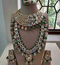 Indian Bollywood Style Gold Plated Kundan Necklace Enameled Bridal Jewelry Set - £215.43 GBP