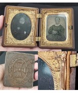 antique tin double type photo with case gold frame MOM CHILD portrait - $931.81 MXN