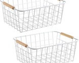 Set Of 2 Lelecat White Wire Baskets With Wooden Handles For, And Kitchen. - $39.93
