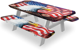 American Flag Picnic Tablecloth and Bench Covers, 3 Pieces Set, 4Th of July Inde - £41.19 GBP+