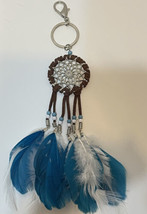 Dream Catcher Leather Wrap Beads Feathers Metal Keychain 10&quot; Long with Feathers - £10.86 GBP