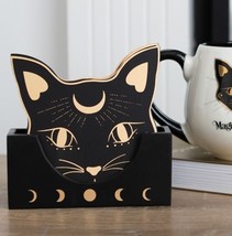 Wiccan Mystic Mog Black Cat Face With Crescent Moon Triple Goddess Coaster Set - £16.02 GBP