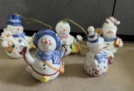lot of 5 Beautiful Glosy Ceramic Snowman Christmas Tree Ornaments lot 4-1/4&quot; - £19.57 GBP
