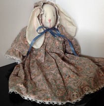 Primitive Hand Made Folk Art Girl Bunny Rabbit Doll Spring Print Dress &amp; Bonnet - £66.12 GBP