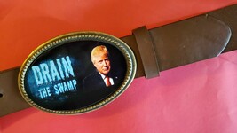 TRUMP 2020 Epoxy Belt Buckle  -DRAIN THE SWAMP &amp; Brown Bonded Leather Belt - £15.47 GBP