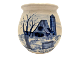 Crock Pottery Pot Paul Storie Utensil Holder Cobalt Blue Old Barn 6&quot; Tall Vtg - £18.57 GBP