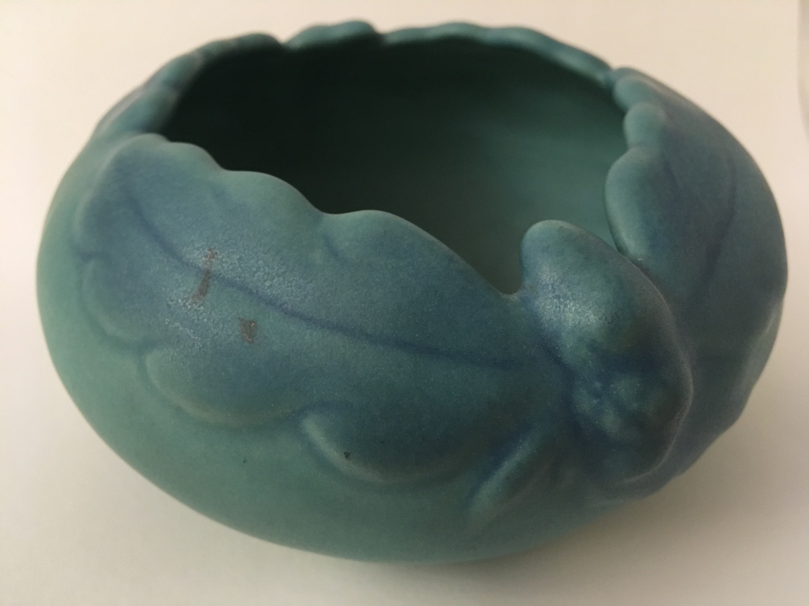 Pottery, vase, Van Briggle, "Leaf and Acorn", blue glaze - $65.00