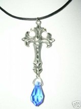 New Usa Pewter Engraved Fleur De Lis Cross &amp; Dark Blue Crystal Pendant Necklace - £25.97 GBP