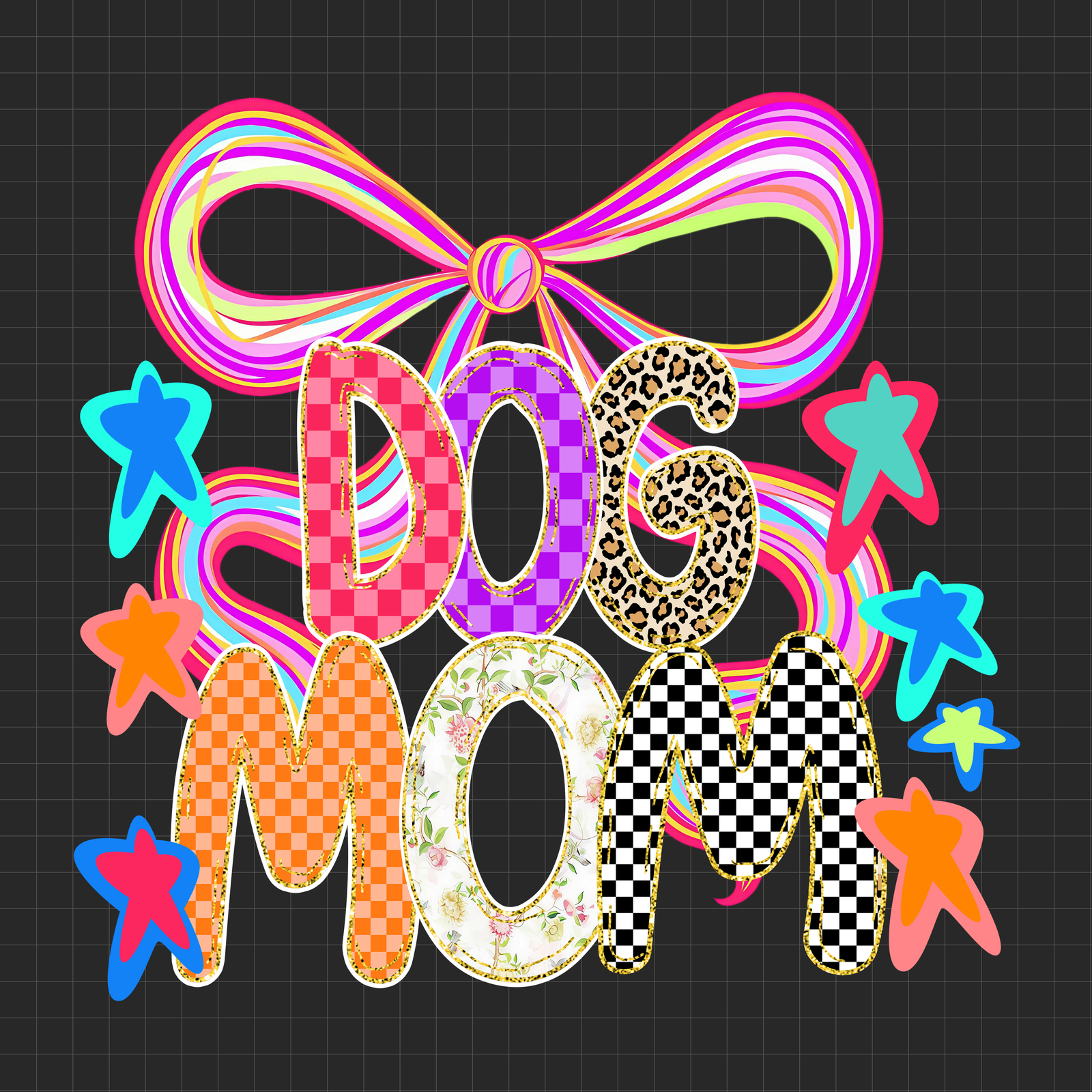 Dog Mom PNG, Coquette Bow Dog Mama PNG, Girly Neon Checkered Leopard Flo... - $2.50