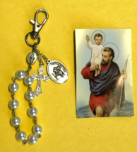 Saint Christopher Faux Pearls 1 decade Rosary Clip + Prayer Card, New - £7.09 GBP