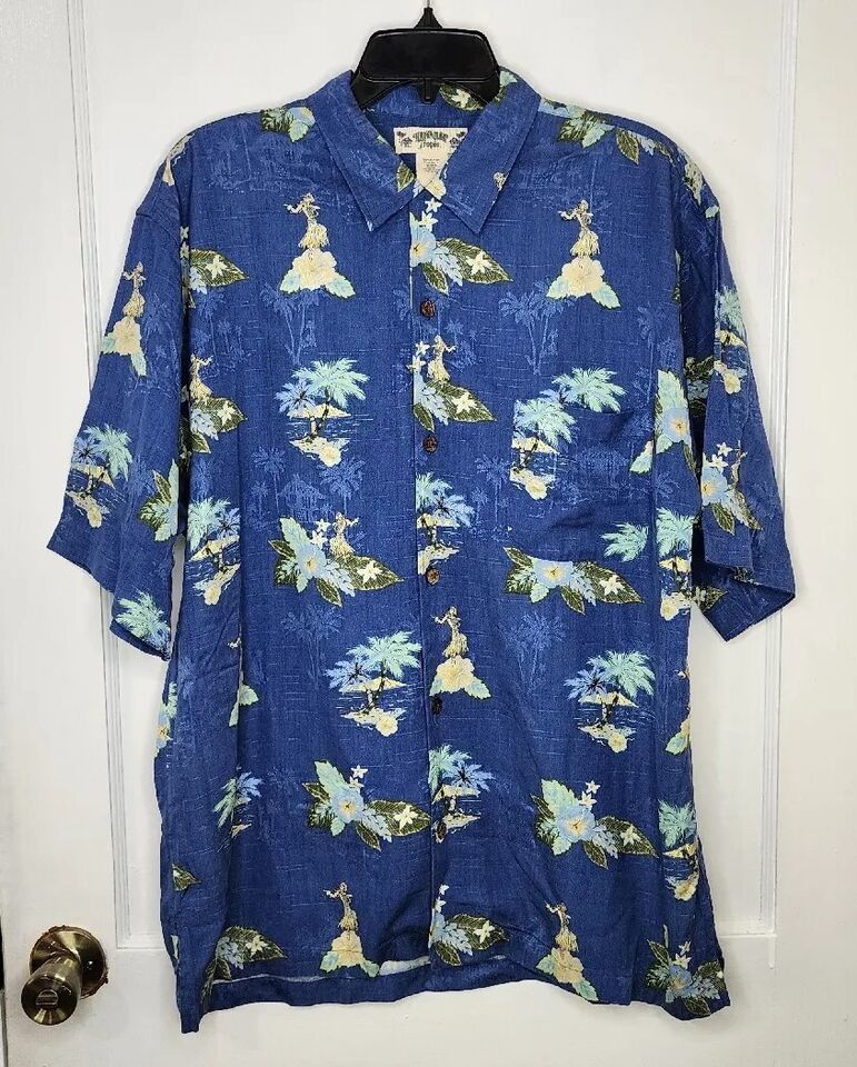 Hawaiian Tropic Vintage Hawaiian Shirt Size Large Blue Floral Rayon Hula... - $8.60