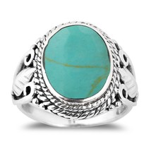 Vintage Inspired Round Green Turquoise Leaf Accent Sterling Silver Ring – 6 - $21.03