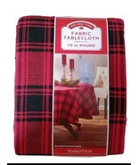 Holiday Time Fabric Tablecloth Round 70&quot; Cotton Poly. Red Black Plaid Ch... - $17.32