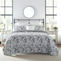 Laura Ashley Amberley Toile King Quilt Set Floral Reversible Cotton White Black - £104.28 GBP