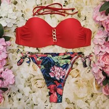 MALIA Swim Suit Size L Bikini Set Red Bandeau Top Itsy Brazilian Swim Bottom - £14.19 GBP