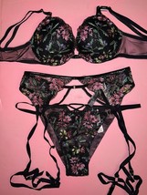 Victoria&#39;s Secret 34D,36B,36D,36DD,36DDD,38DD Bra Set+Garter Floral Embroidery - $118.79