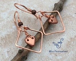 Handmade copper earrings: diamond frame with glass copper heart bead dangles - £17.58 GBP
