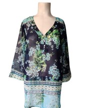 J Jill Petite Sheer Floral Tunic Top Size PM Blue Slit Sleeves Cinch Back 3/4  - £14.15 GBP