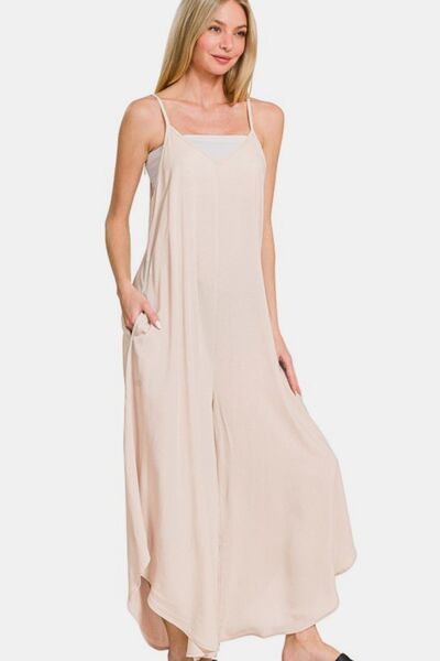 Zenana Spaghetti Strap Wide Leg Overalls with Pockets - $29.01
