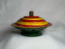 VTG Tin Lithograph Spinning Top Saucer Red Yellow Swirl Ringing Noise Toy  - £23.80 GBP