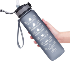 32oz Drinking Water Bottle Hydration Tracker Leakproof Straw Wide Mouth Gray - £17.43 GBP