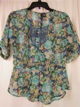 Fire Los Angeles Floral Sheer Top Sz Small Partial Lace Front Buttons SS - £4.52 GBP
