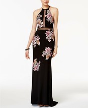 XSCAPE Embroidered Open-Back Illusion Halter Gown Black Pink Floral Size 0 $289 - £95.54 GBP