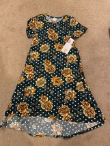 LulaRoe Carly Dress Blue Yellow Roses Floral Geometric Dot  Hi Lo Swing ... - £14.30 GBP