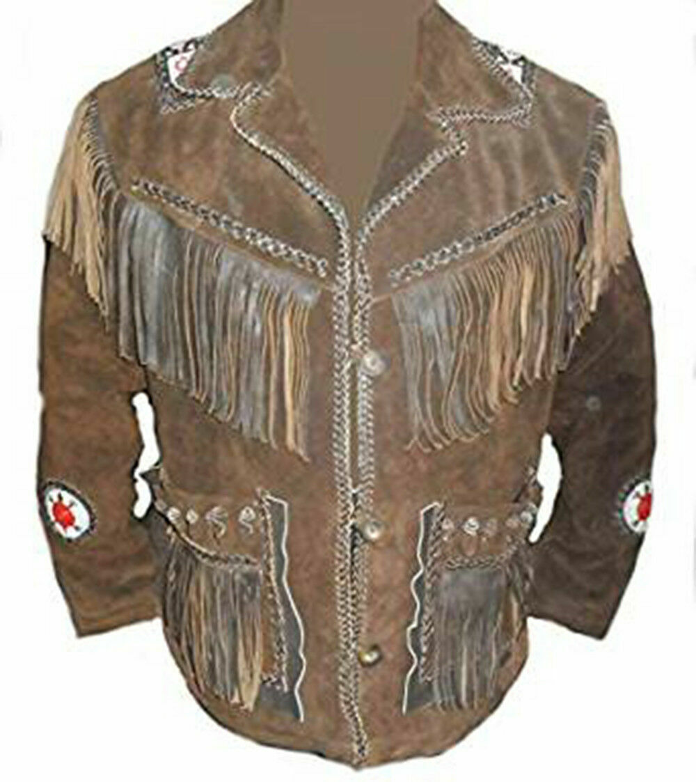 Dark Brown Western Fringed Style Bead Patches Suede Leather Handcrafted Jacket