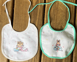 2 Vintage Baby Bibs Tie Vinyl Plastic Back Bunnies Rabbits Unused - $12.86