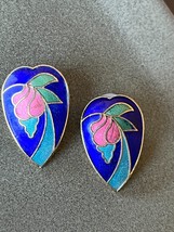 Cobalt Blue Enamel Goldtone Heart w Red Flower Cloisonne Post Earrings for Pierc - £10.46 GBP