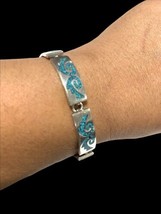 Vintage 60&#39;s Th-04 TAXCO Sterling Silver Inlaid Turquoise Art Deco Link Bracelet - £83.92 GBP