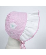 VINTAGE INFANT BONNET HAT PINK WHITE GINGHAM FLOWER OPEN BACK BABY DOLL ... - £12.09 GBP