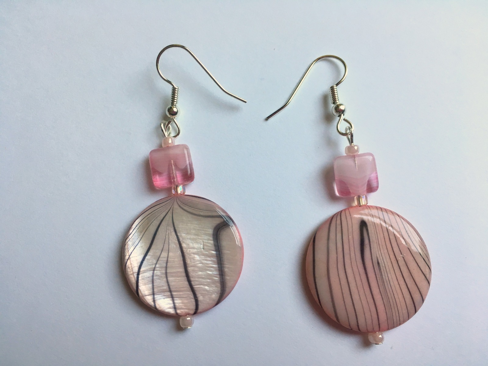 Pink Striped Disc Dangle Hook Earrings, Silver Plate, Drop Earrings, Gift Idea - $12.49