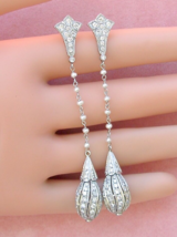 Art Deco 2.8ctw Diamond Tear Drops Pearl Platinum 3&quot; Statement Cocktail Earrings - £4,797.91 GBP
