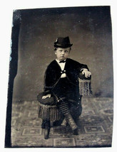 c1870 Antique Tintype Photo Boy Suit Knickers Feather Fedora Hat Austria Germany - £7.92 GBP