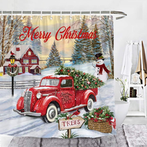 Wencal Merry Christmas Red Vintage Truck Shower Curtain Tree Winter Snow Snowman - £22.59 GBP