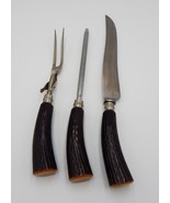 Latham &amp; Owen Faux Elk Horn Carving Knife W/ Fork And Sharpener 3 Piece Set - £41.38 GBP